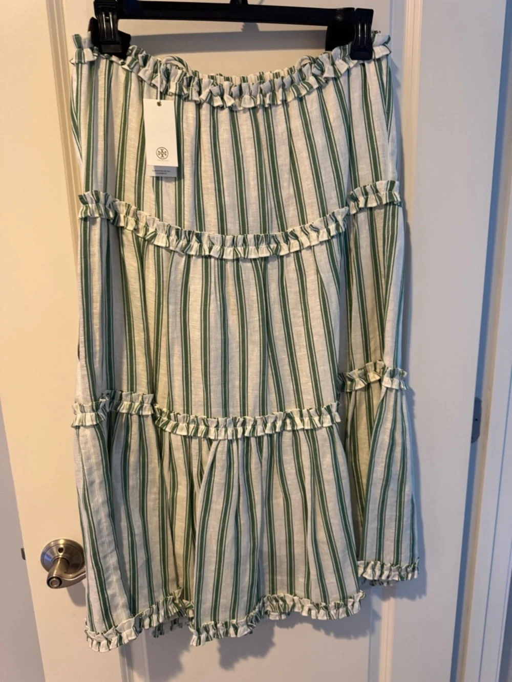 NWT Tory Burch Green & White Awning Striped Tiered Skirt | XL